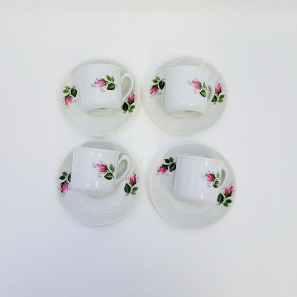 Vintage FP Zajecar Pink Rose Demitasse Teacup & Saucers 4 Sets, Yugoslavia Made - Picture 1 of 10